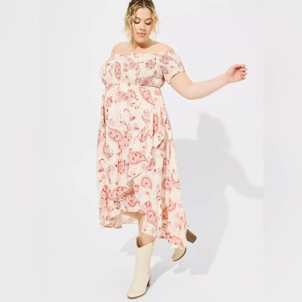 TORRID Ivory Pink Paisley Maxi Ruffle Challis Off Shoulder Tulip Hem Dress 2X